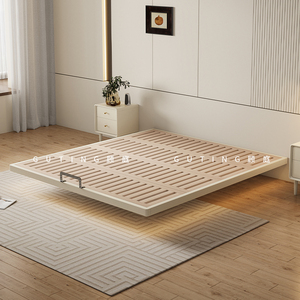 奶油风悬浮床头柜一体床简约现代1米5实木床排骨架床架子无床头床