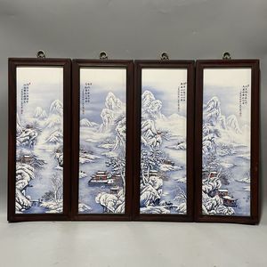 中式实木框粉彩瓷板画雪景图四条屏装饰画溪山瑞雪陶瓷画53x20cm