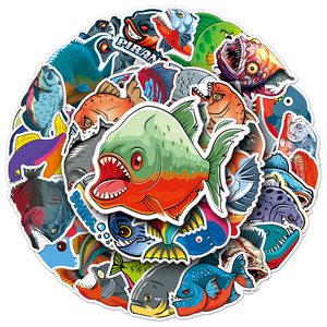 50张食人鱼丑萌鱼类生物吓人卡通防水涂鸦装饰水杯手机摩托车贴纸