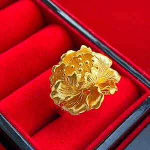 新款古法黄金色戒指 传家金冠群芳牡丹女戒小众设计感素色送女友