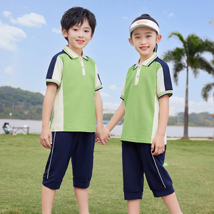 学院风绿色校服短袖七分裤套装小学生班服儿童夏季幼儿园服运动服