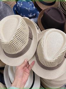 新款小礼帽男夏季沙滩帽爵士帽卷边成人格子镂空旅游遮阳出游