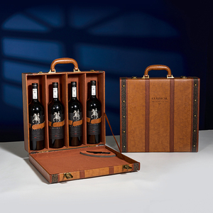 现货红酒包装礼盒四支葡萄酒木盒子4瓶装红酒皮盒定制白酒盒酒箱