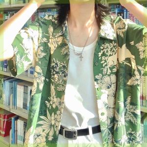 港风复古夏威夷绿色花衫衬女夏季薄款小众高级感宽松百搭短袖上衣