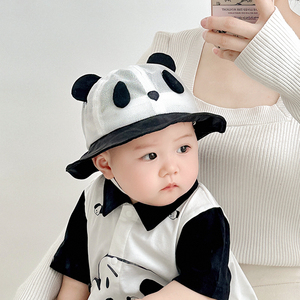 婴儿帽子夏季遮阳透气网眼宝宝渔夫帽薄款卡通熊猫婴幼儿童防晒帽