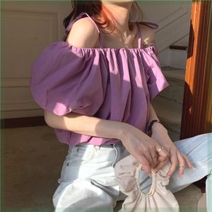 紫色泡泡袖衬衫女夏季chic韩风上衣宽松一字领露肩锁骨设计感衬衣
