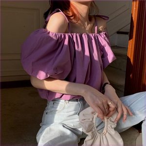 紫色泡泡袖衬衫女夏季韩风上衣宽松一字领露肩锁骨设计感衬衣舒适