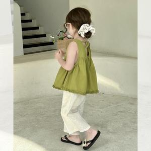巴拉巴柆夏季新款2024韩系女童小女孩超萌公主风吊带背心九分裤子