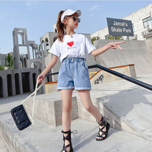 女童夏装套装2023新款韩版小学生衣服儿童短袖夏季牛仔短