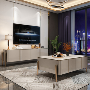 简约轻奢岩板美式客厅长方形实木高款高柜家具组合现代电视柜茶几