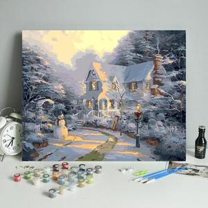 数字油画diy填充冬天雪景房屋风景装饰北欧风手工画画填色油彩画