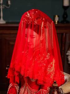 红盖头新娘2022中式半透明出嫁结婚秀禾蒙头巾红色喜帕夏季薄款纱