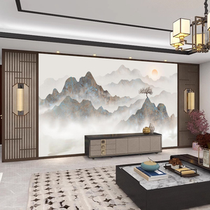 新中式水墨风山水壁画客厅茶室国画山水壁纸电视背景墙装饰画墙布
