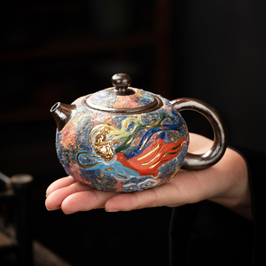 粗陶岩矿斑斓茶壶复古茶杯茶具纯手工彩陶工艺西施壶柴烧泡茶单壶