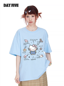 第五天卡通动漫小猫印花短袖t恤女夏季日常纯棉半袖小个子上衣潮