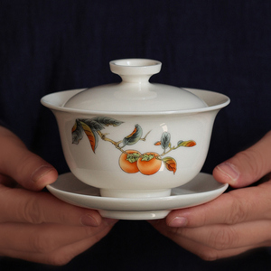 中式陶瓷三才盖碗茶杯大号柿柿如意茶具泡茶单个高档柿子茶碗套装