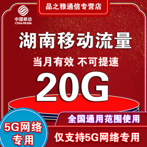 湖南移动流量充值 20G包仅限湖南省内5G网络使用不提速当月有效SD