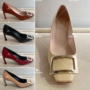 Roger Vivier RV 购物狂 女士方头金扣漆皮香蕉跟高跟单鞋7cm