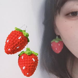 草莓耳钩红色耳坠甜心少女可爱手工耳饰925银毛线耳环