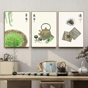 新中式茶室装饰画煮茶清心茶社禅意壁画办公室喝茶房原木风挂画