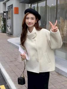 秋冬韩国东大门双面羊绒外套女短款立领小个子设计感羊毛呢子大衣