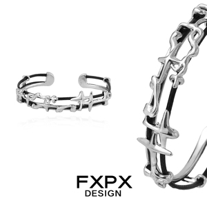 FXPX四芒星黑色皮革手环小众设计甜酷风饰品金属风开口可调节手镯
