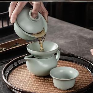 盖碗公道杯茶漏三件套汝窑陶瓷盖碗可养单公道杯开片过滤网托家用