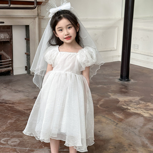 女小童夏季新款六一白色礼服裙头纱演出公主裙幼儿园时尚婚纱长裙