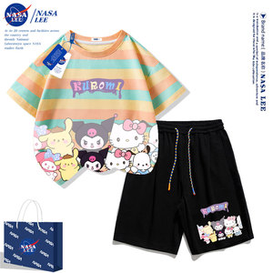 裴乐官网正品NASA库洛米女童夏季套装2024菲乐儿童短袖纯棉运动服