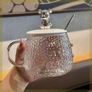 小熊杯子ins高颜值花茶杯简约早餐玻璃杯带盖可爱马克杯大肚水杯