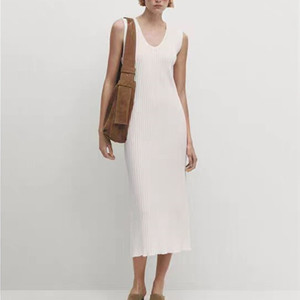 春夏新品Massimo Dutti2024女装米白罗纹V领针织背心裙无袖连衣裙