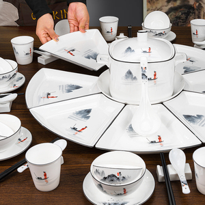 中式套餐拼盘餐具碗碟装骨瓷团圆组合圆桌扇形盘异形盘2023新款具