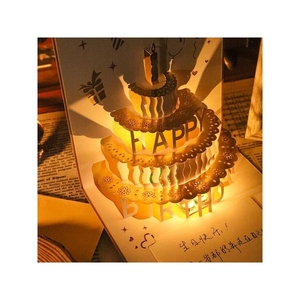 新疆包邮生日贺卡3d立体带灯光折叠成品精致烫金蛋糕礼物卡片带信