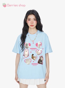 Berries Shop 可爱卡通猫咪乐园短袖t恤女情侣2024夏甜美纯棉上衣