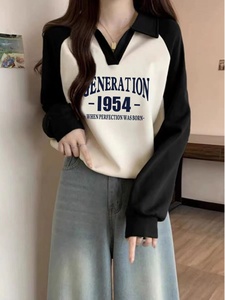 加绒加厚纯棉卫衣女2023新款秋冬季短款Polo领撞色插肩V领上衣服