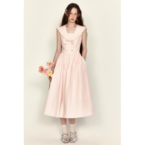 【少女航海家】粉色连衣裙女夏季新款气质海军领中长款温柔风长裙