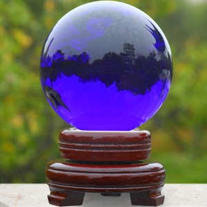 蓝色水晶球摆件可旋转透明玻璃球招财水晶球家居装饰客厅开业