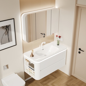 恒洁卫浴橡木浴室柜组合奶油风圆角陶瓷一体卫生间智能洗手洗脸盆