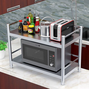 厨房不锈钢置物架两层护栏微波炉烤箱碗碟调料架子双层收纳整理架