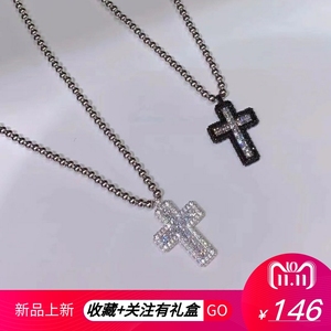 S925银白色可调节十字架项链女时尚轻奢方形钻十字黑色锁骨链礼物
