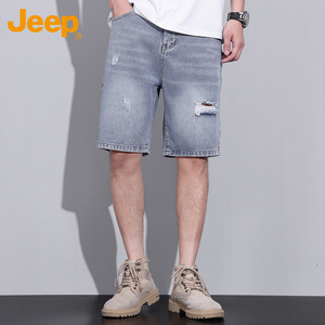 Jeep吉普男士牛仔短裤2024夏季青年薄款水洗破洞高街五分裤子男款