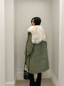 KSKM绿色羽绒棉服女冬季新款美式大毛领设计感中长款面包服外套