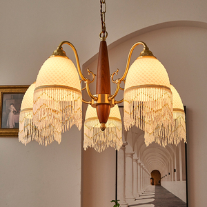 法式全铜中古客厅吊灯复古胡桃木玻璃流苏美式创意轻奢餐厅卧室灯