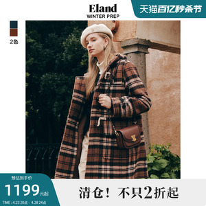 Eland衣恋毛呢外套女格纹双面呢牛角扣设计大衣外套秋冬新款