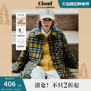 Eland衣恋羊毛呢子大衣女格纹中长款学院风毛呢外套女秋冬季新款