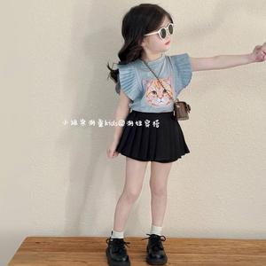 韩系女童卡通小飞袖T恤上衣女童韩版风琴褶短袖上衣百褶裙裤两件