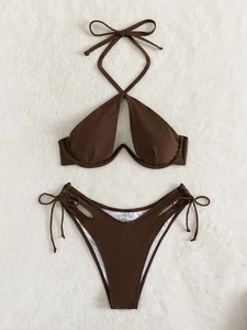 欧美新款泳衣性感分体比基尼纯色钢托ins显胸度假温泉bikini泳装