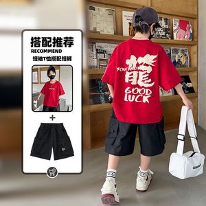 韩系儿童夏季套装两件套男童T恤2024新款中大童国潮龙年短袖国风