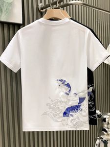 大码300斤潮牌国潮中国风设计感鲤鱼刺绣短袖T恤男女宽松情侣上衣