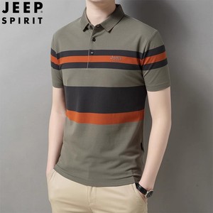 Jeep吉普纯棉短袖t恤男士夏季商务休闲条纹polo衫翻领上衣男款t衫